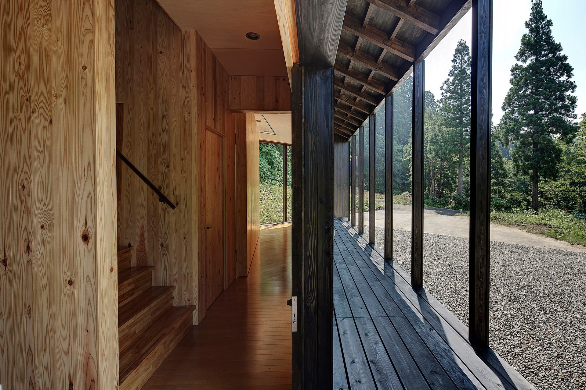 Verandah posts resonate with the surrounding forest.