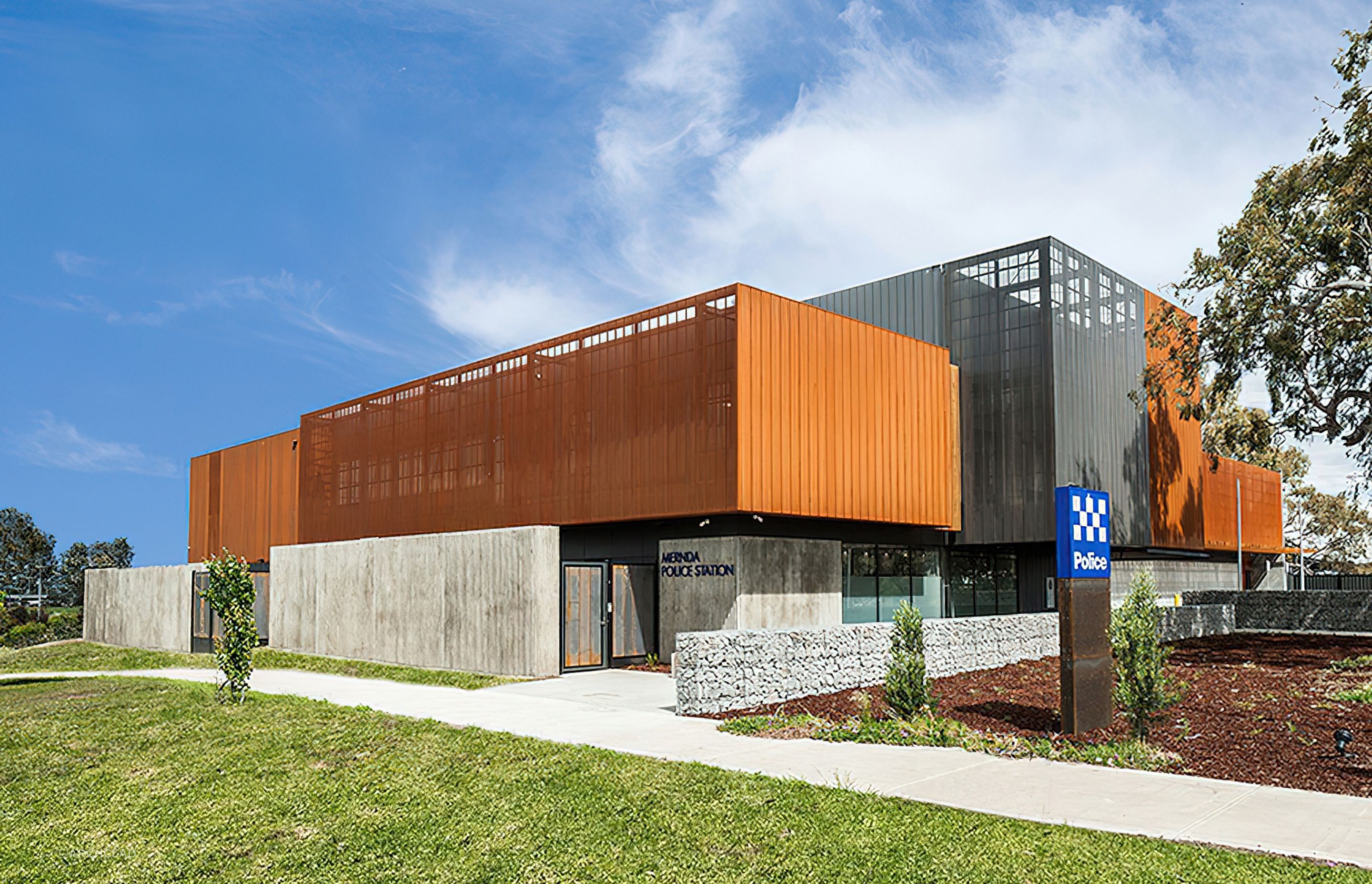 ##Mernda Police Station, Vic - Custom Perforated Corten & Pvdf Satin Black Aluminium