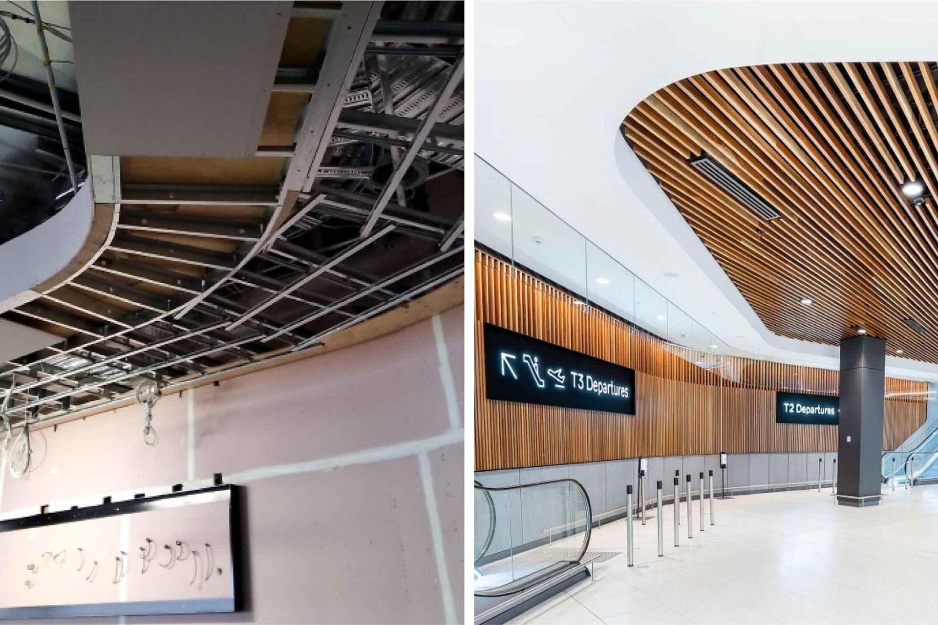 Left: The curved bulkheads under construction in the corridor adjoining Terminals 2 and 3. Right: A view of the curved bulkheads after construction and plastering.