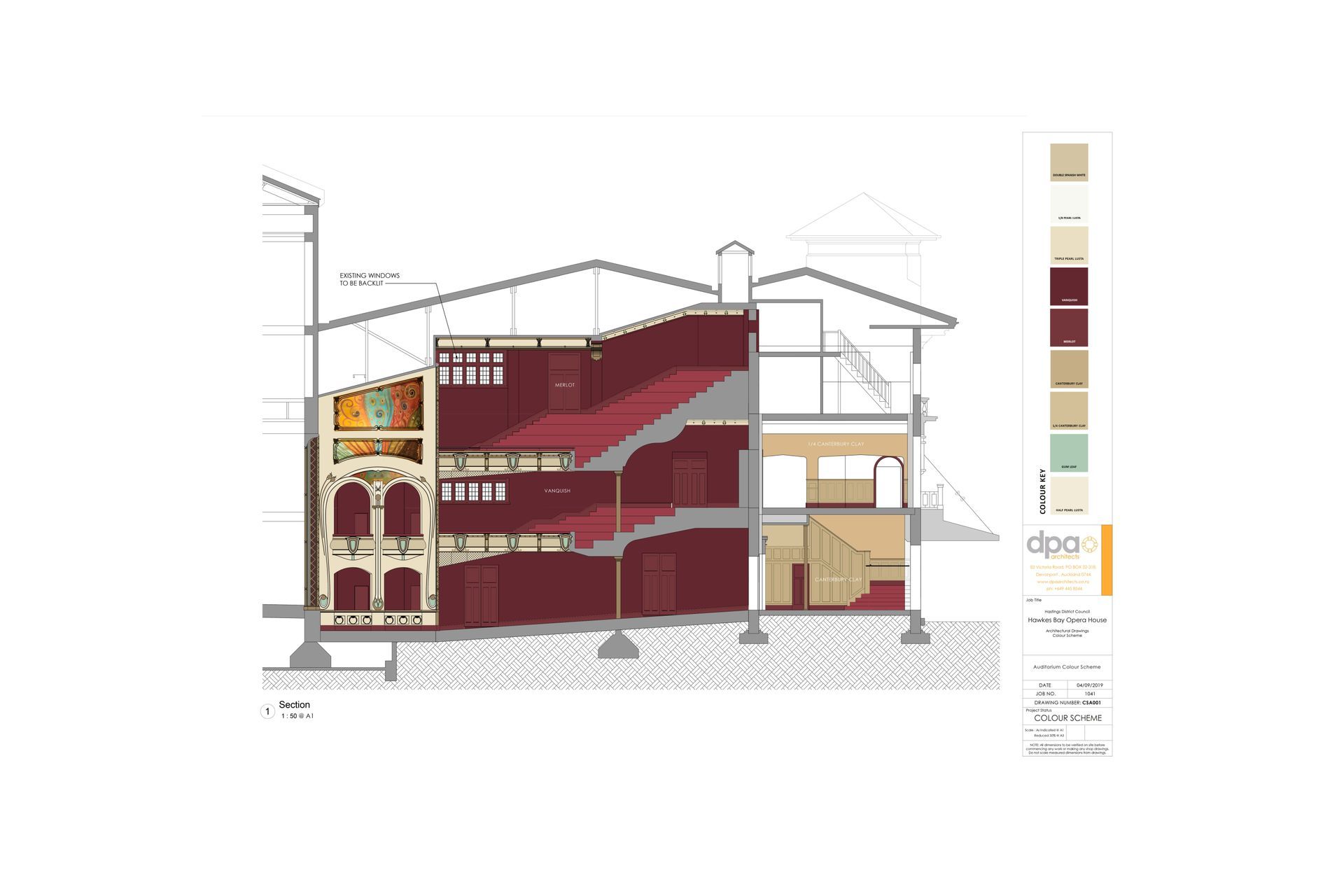 DPA Architects' drawings showing the proposed new colour scheme and the existing auditorium mural ceiling.