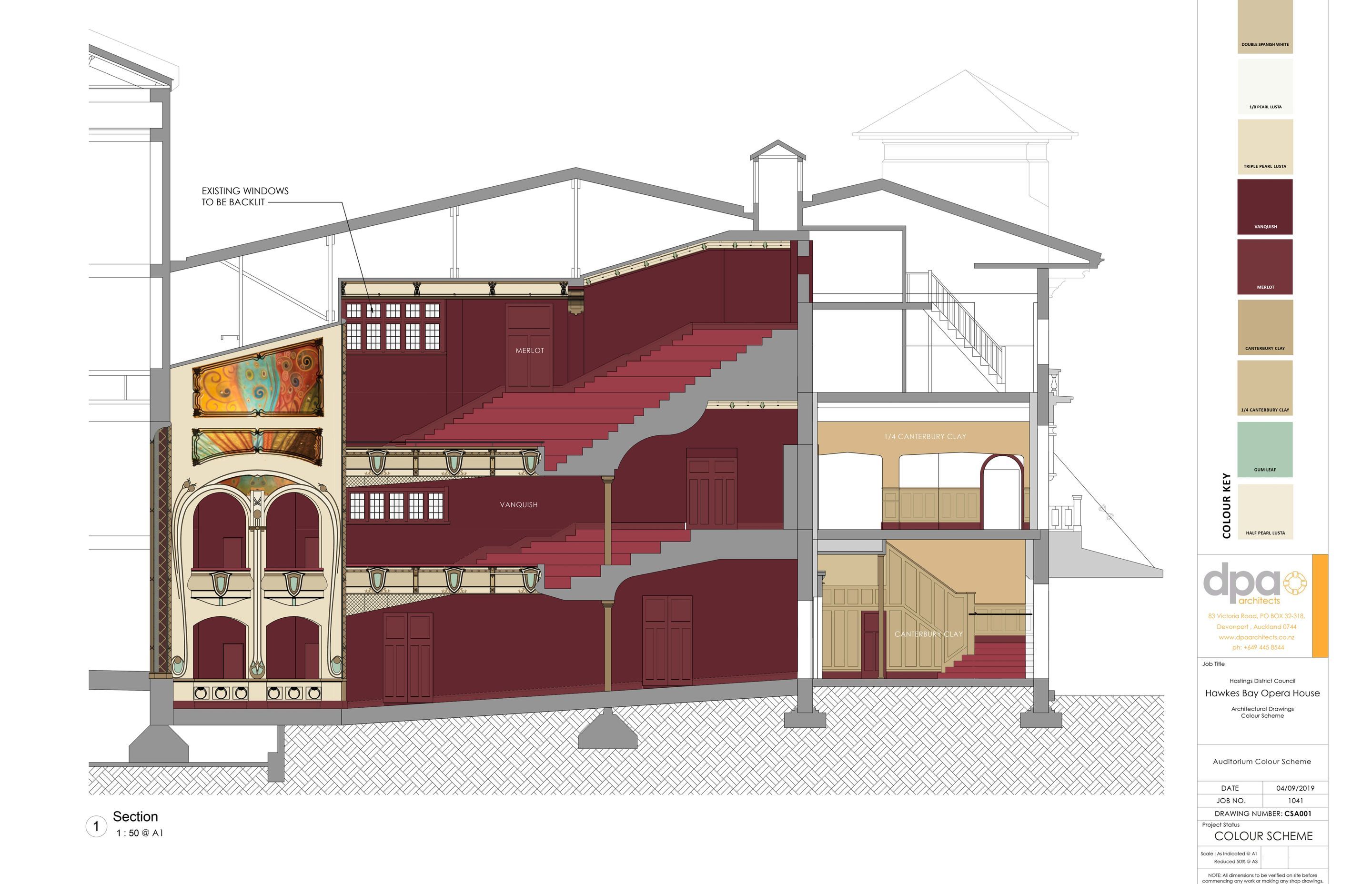 DPA Architects' drawings showing the proposed new colour scheme and the existing auditorium mural ceiling.