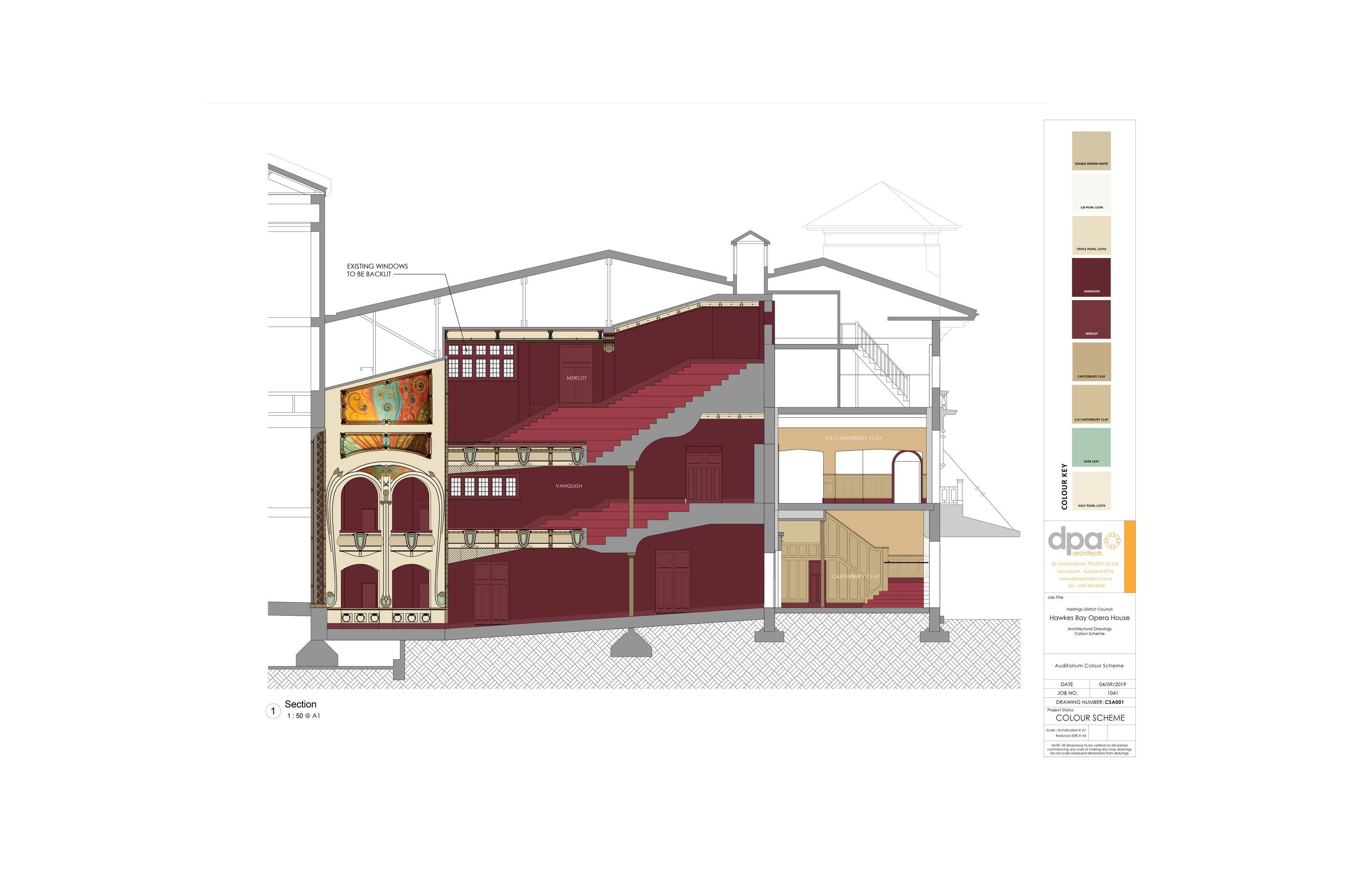 DPA Architects' drawings showing the proposed new colour scheme and the existing auditorium mural ceiling.