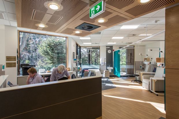 A bright contemporary healthcare reception and waiting area viewed from behind a dark timber reception desk. The space features light timber-look flooring, white walls, extensive glazing overlooking trees, teal accent joinery, clinical seating and equipment, a suspended grid ceiling, and a slatted timber acoustic ceiling with recessed circular lights. An illuminated emergency exit sign is visible overhead.