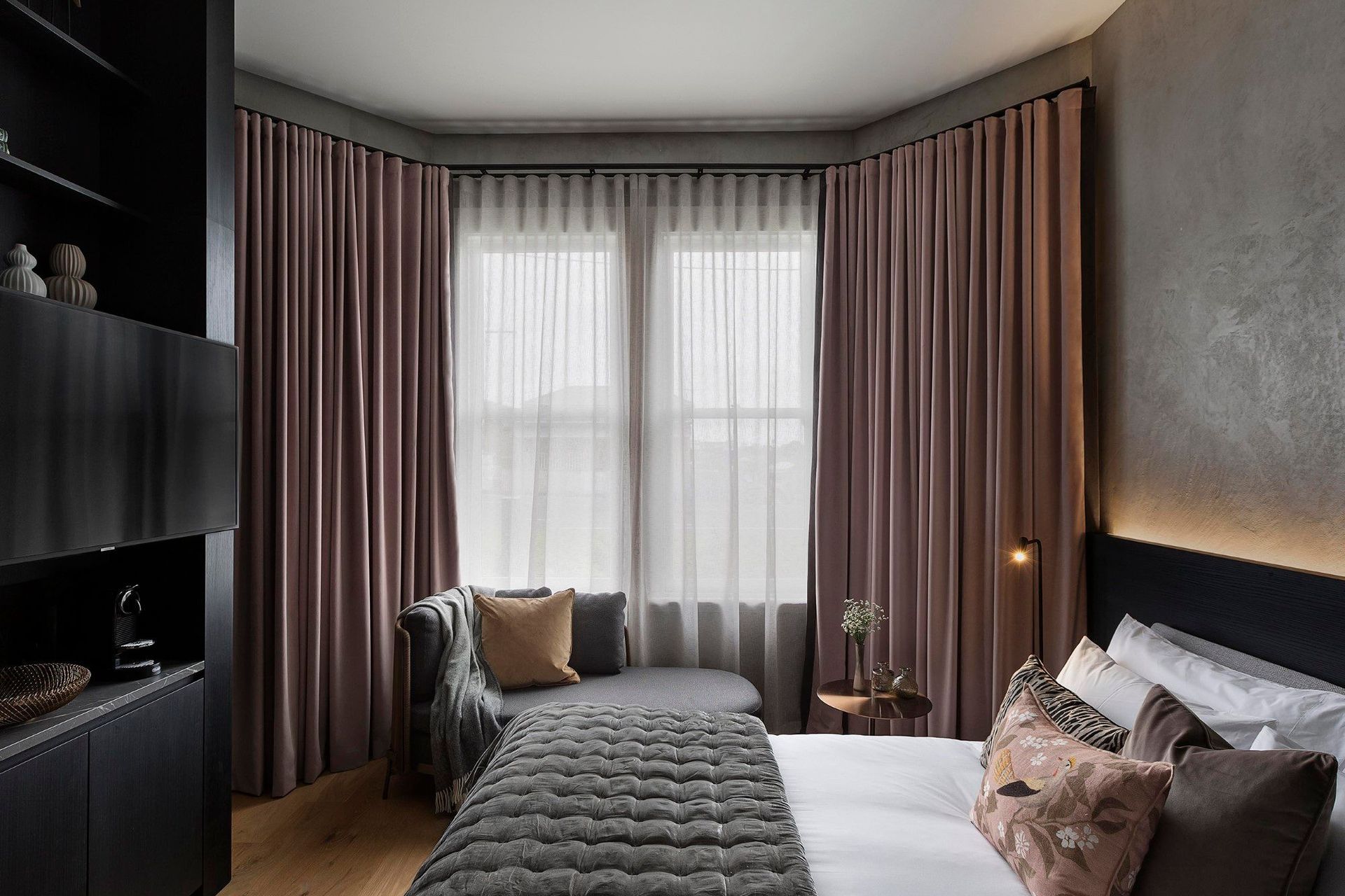 Each room is designed bespoke, and integrates a synergy of materials, rich hues and texture that is carried right throughout the hotel.