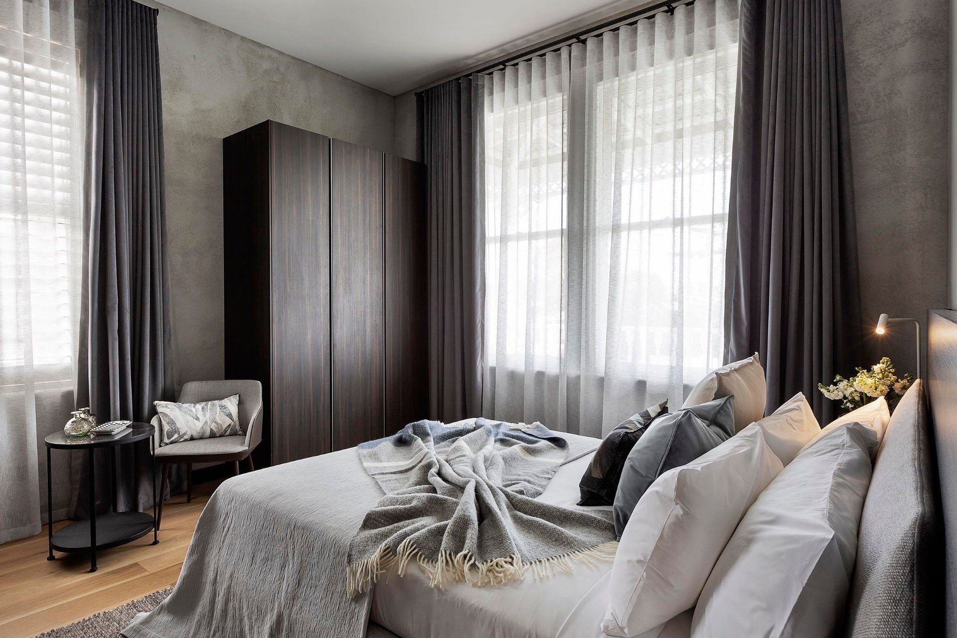 The textural finish on the walls was part of the base build, and was a great starting point for building layers of texture and colour in the rooms.