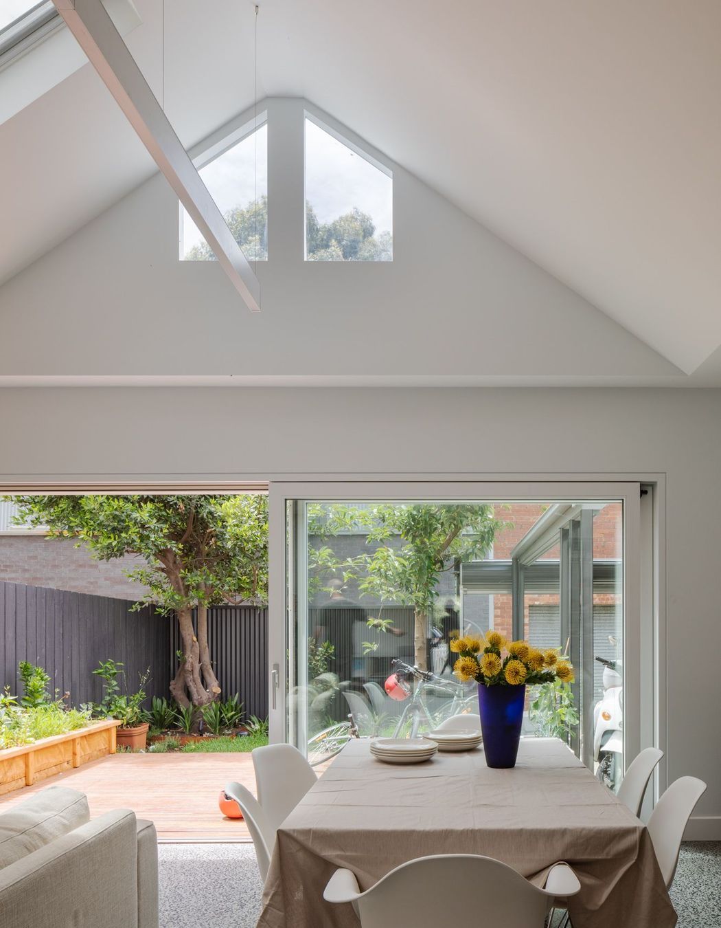 Pitched roof with skylights and clerestory windows