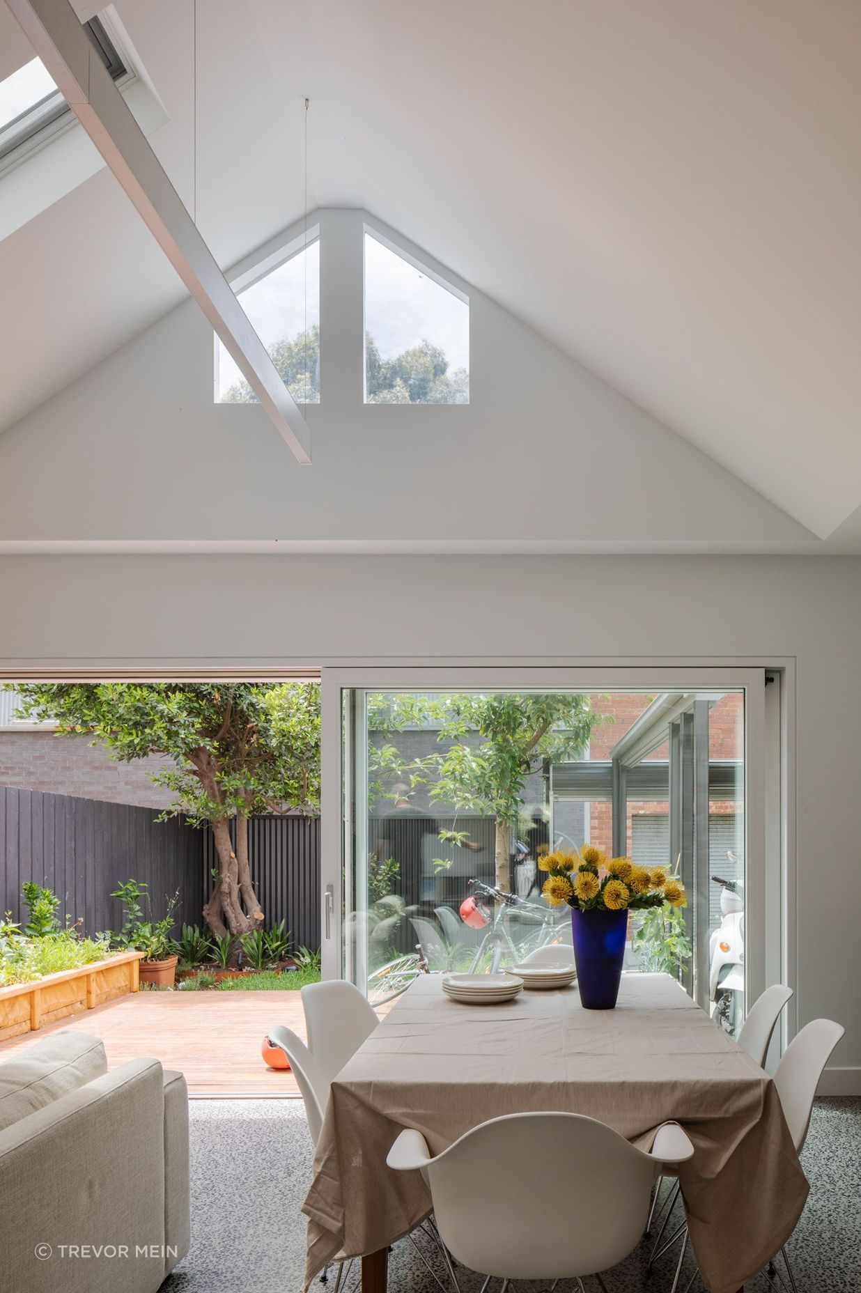 Pitched roof with skylights and clerestory windows