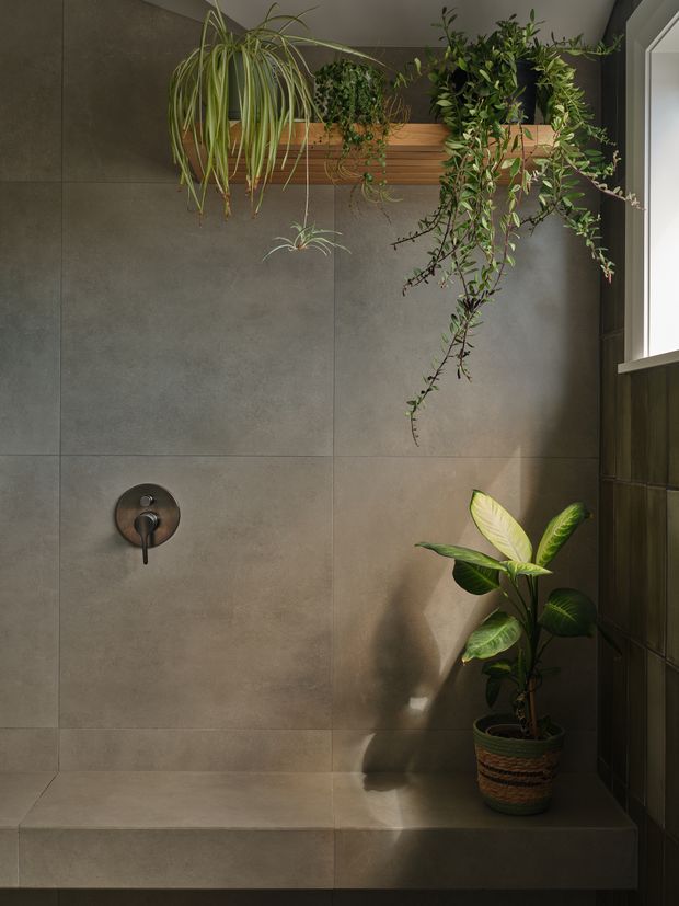 A moody, plant-filled bathroom shower area with large warm-grey tiled walls and a built-in tiled bench. A dark metal shower control is mounted on the wall, while hanging and potted tropical plants add organic greenery. Warm sunlight enters through a narrow window on the right, creating strong shadows and a calm, natural atmosphere.