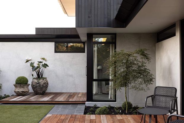A contemporary courtyard entrance or outdoor living area with dark vertical timber cladding, smooth pale rendered walls, black-framed glazing, timber decking, charcoal paving, and minimalist landscaping. Large ceramic planters, clipped shrubs, a small tree, and woven outdoor seating create a refined, enclosed courtyard setting.