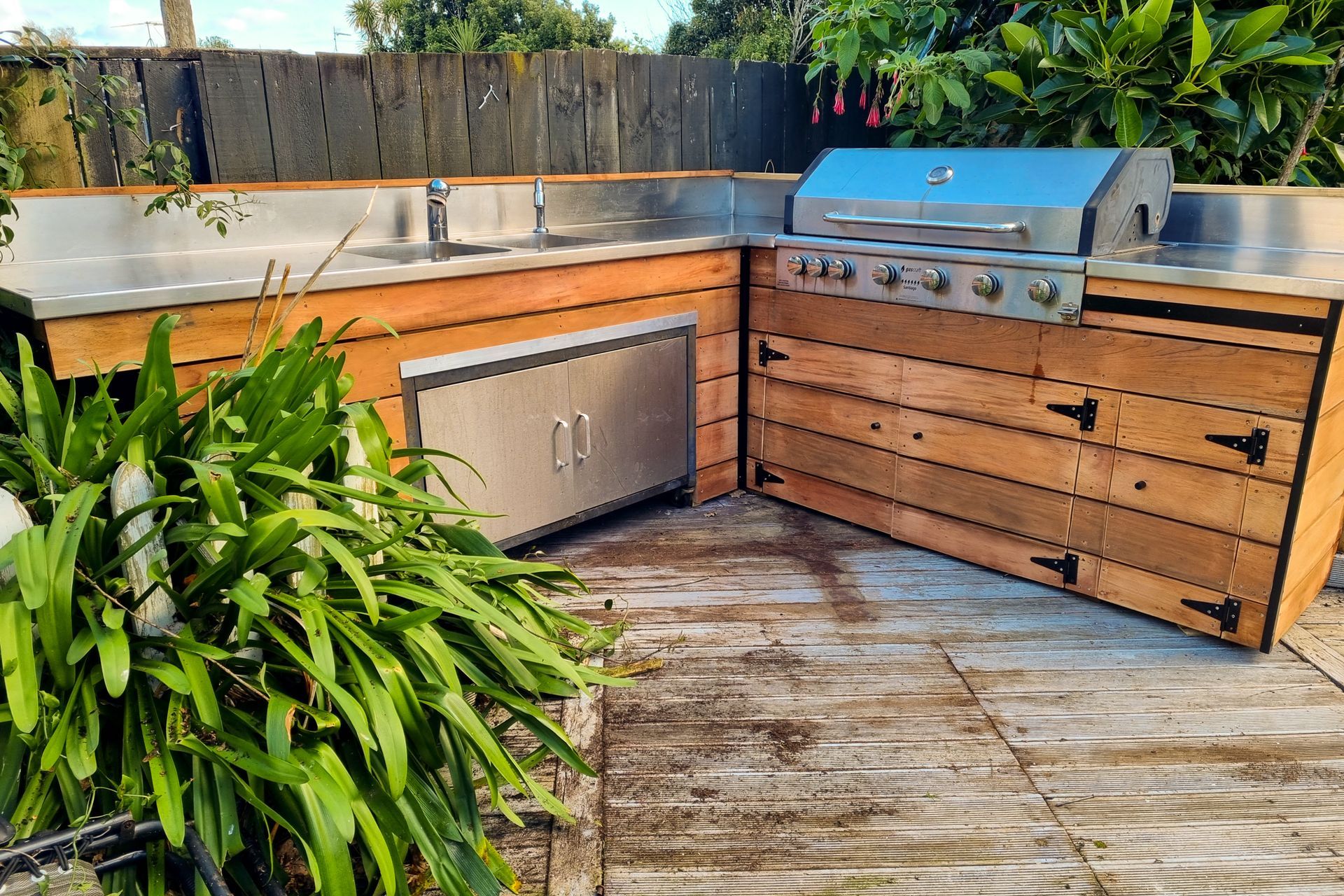 Mahogany BBQ table and stainless steel bench