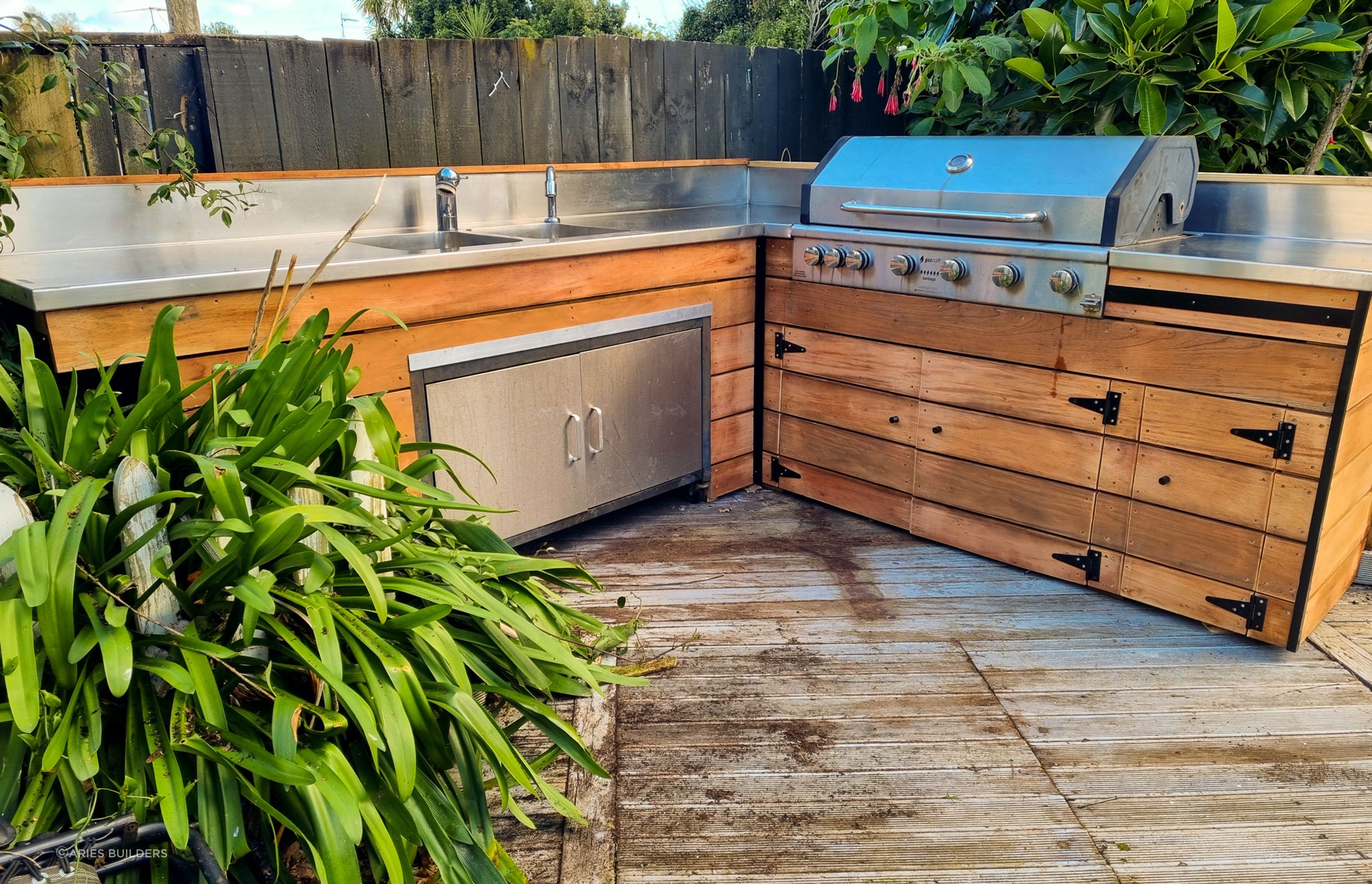 Mahogany BBQ table and stainless steel bench