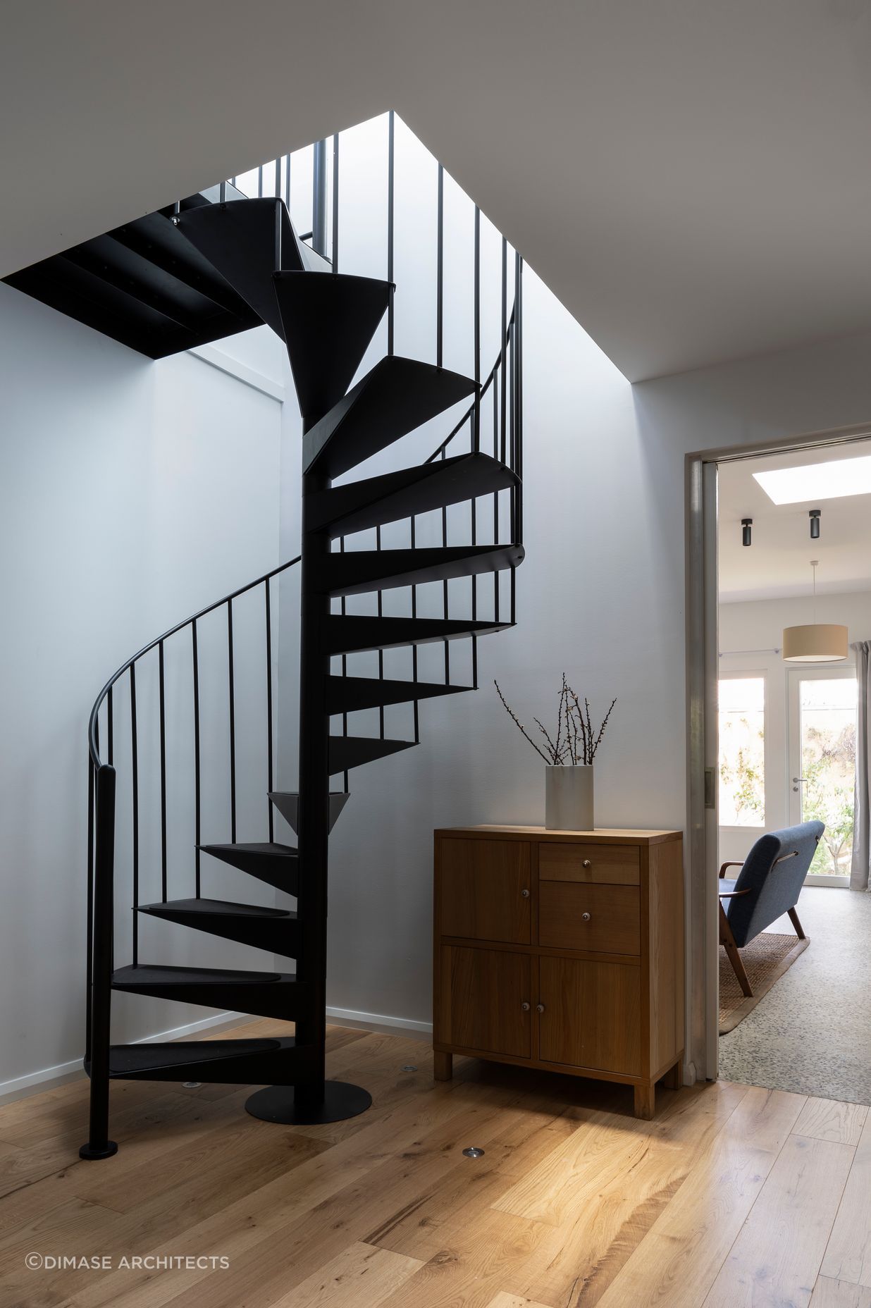 Spiral staircase leading to the music room