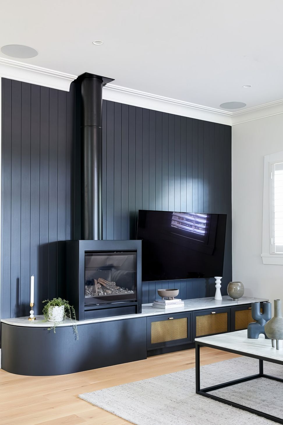 Curved Fireplace Media Unit with Domino VJ Grooved Panelling