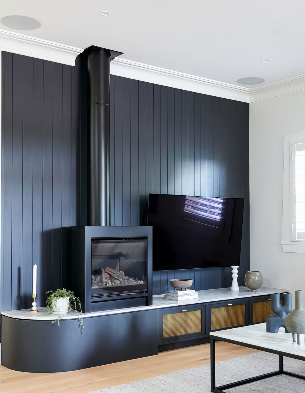 Curved Fireplace Media Unit with Domino VJ Grooved Panelling