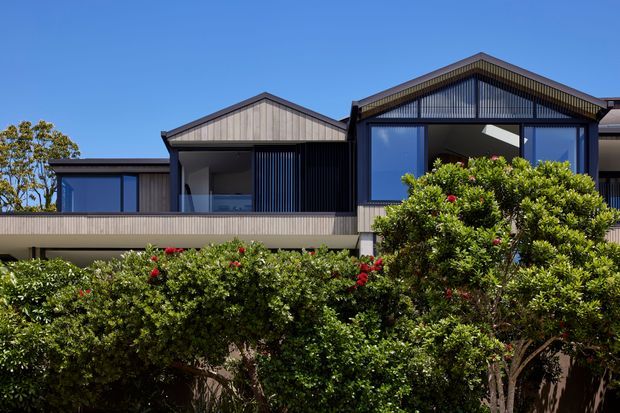 Exterior view of a contemporary multi-level residence with interconnected gabled roof forms, dark framed glazing, vertical timber-style screening, and a long balcony. Dense landscaped hedging and shrubs partially obscure the lower facade under a clear blue sky.