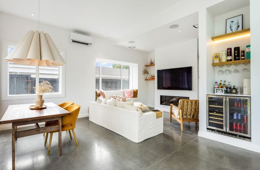 Renovated Bungalow creates an earthy toned sanctuary.
