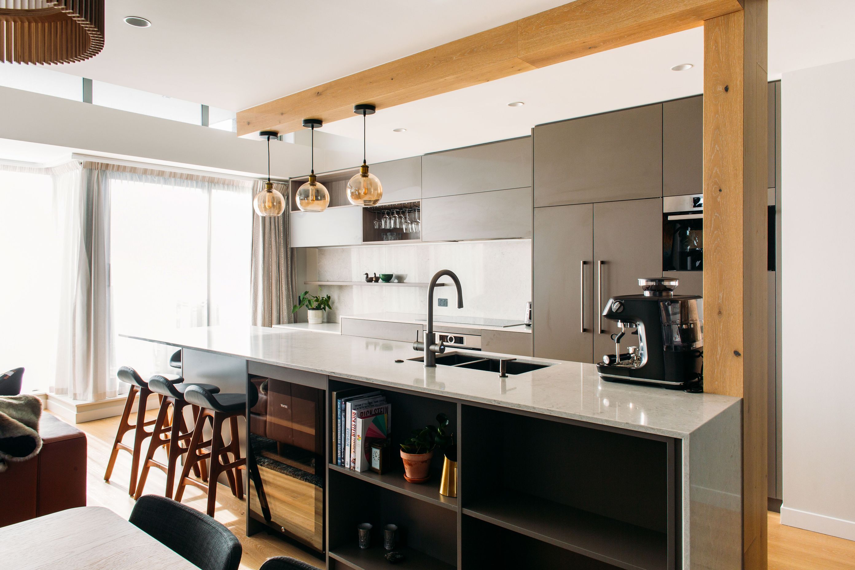 Open storage in this kitchen design.