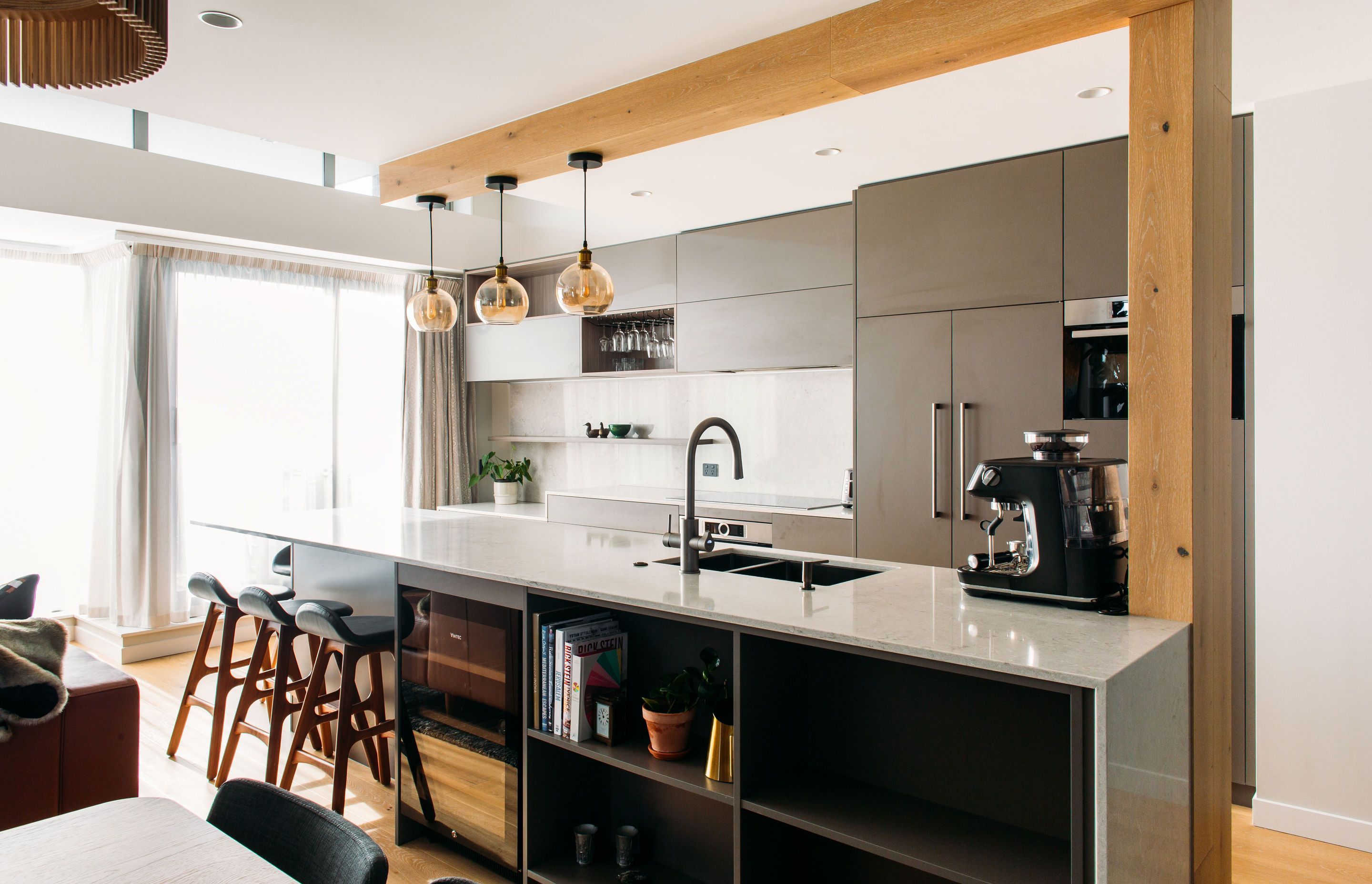 Open storage in this kitchen design.