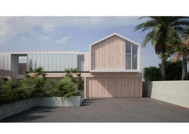 Front exterior view of a contemporary residential house with a low-pitched metal-roofed wing, a prominent gabled upper volume clad in vertical light timber, broad glazed openings, an integrated garage, and a paved driveway. Tropical planting and palms frame the minimalist facade.