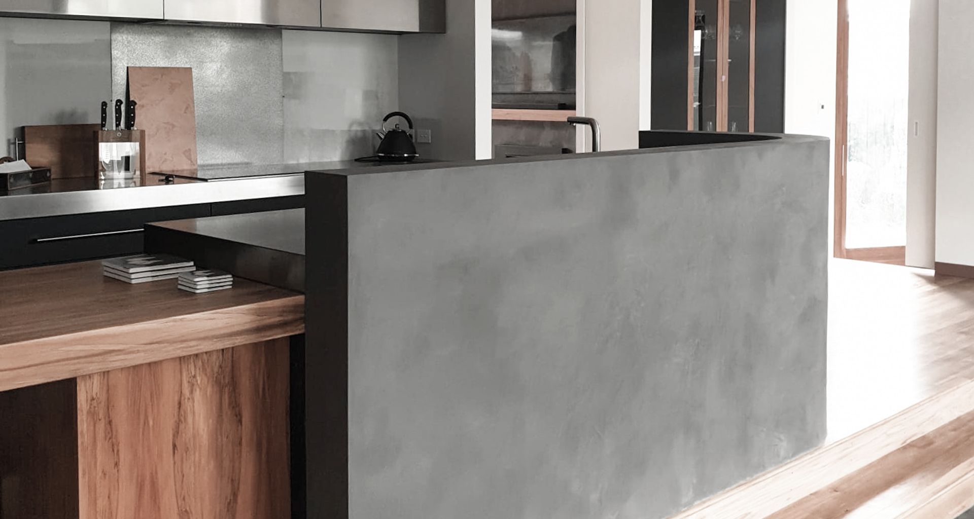 Dark Polished Plaster - Curved Kitchen Wall banner