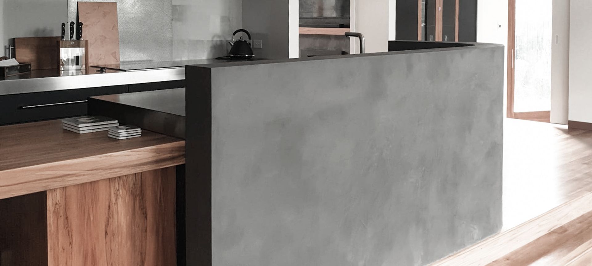 Dark Polished Plaster - Curved Kitchen Wall banner