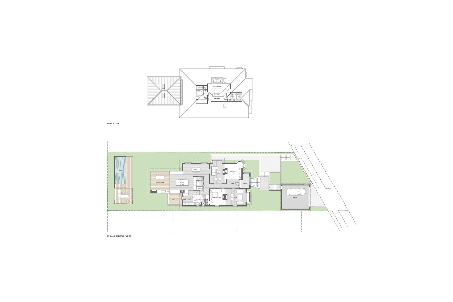 Architectural floor plan by Rogan Nash Architects illustrating the thoughtful planning of Business at the Front, Party at the Back, a contemporary renovation of a Californian bungalow. The plan shows the relationship between the original bungalow and the new rear addition, with generous open-plan living spaces extending towards the garden, pool and outdoor entertaining areas.