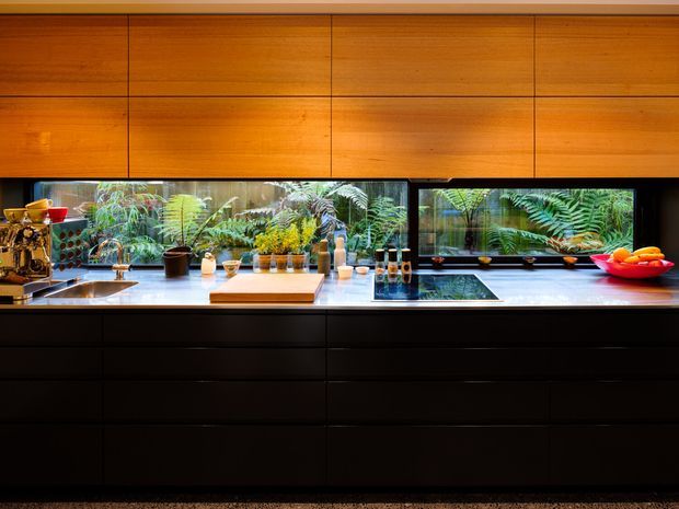 A contemporary galley-style kitchen with extensive dark built-in cabinetry, a pale stone benchtop, integrated cooktop, timber overhead cabinetry, and horizontal windows overlooking dense greenery. The warm timber and lush garden view contrast with the dark joinery, creating a refined, moody interior.