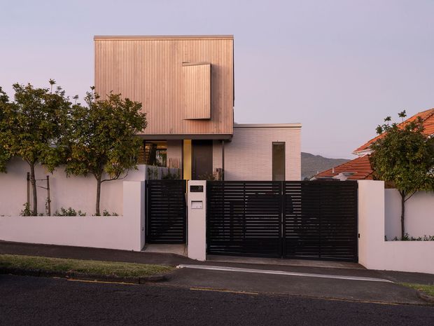 Street-facing view of a contemporary multi-level residence with a tall rectangular upper volume clad in warm vertical timber battens, a pale masonry lower level, and a dark horizontal-slat pedestrian and vehicle gate. White boundary walls, compact planted trees, and neighbouring tiled roofs frame the facade.