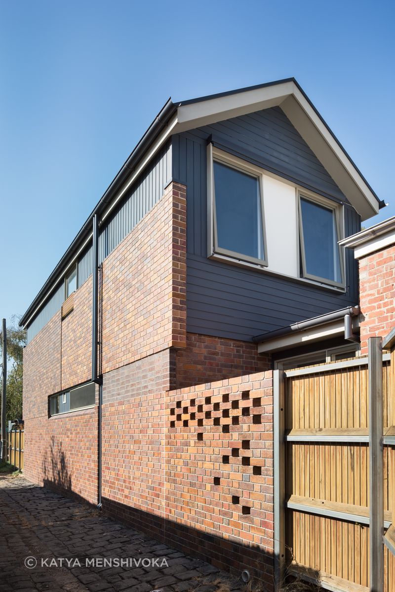 Laneway view of the second storey addition at our Brunswick house.