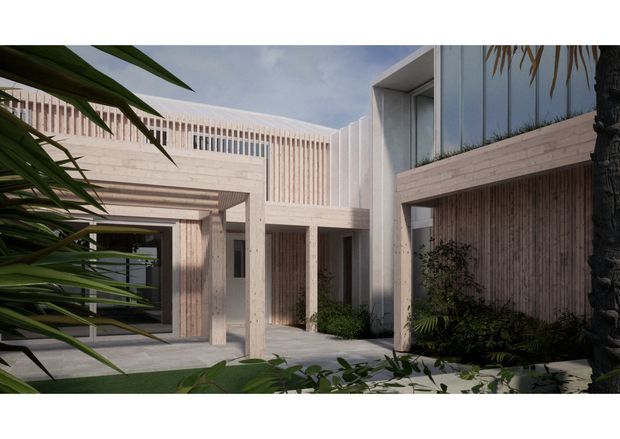Contemporary residential courtyard viewed from outdoors, composed of pale rendered concrete or masonry volumes, vertical timber-look screening, deep recessed openings, and upper-level privacy slats. Tropical planting frames the foreground and edges, while glazed openings and sheltered walkways create a calm, inward-looking courtyard setting.