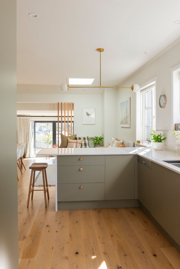 A bright, open-plan kitchen viewed from the cooking area, featuring a pale grey-green island with white stone benchtops, integrated cabinetry, timber flooring, and a brass-and-opal-glass linear pendant light. The kitchen opens toward a light-filled living and dining area with timber screening, large glazed doors, soft neutral furnishings, artwork, and indoor plants.