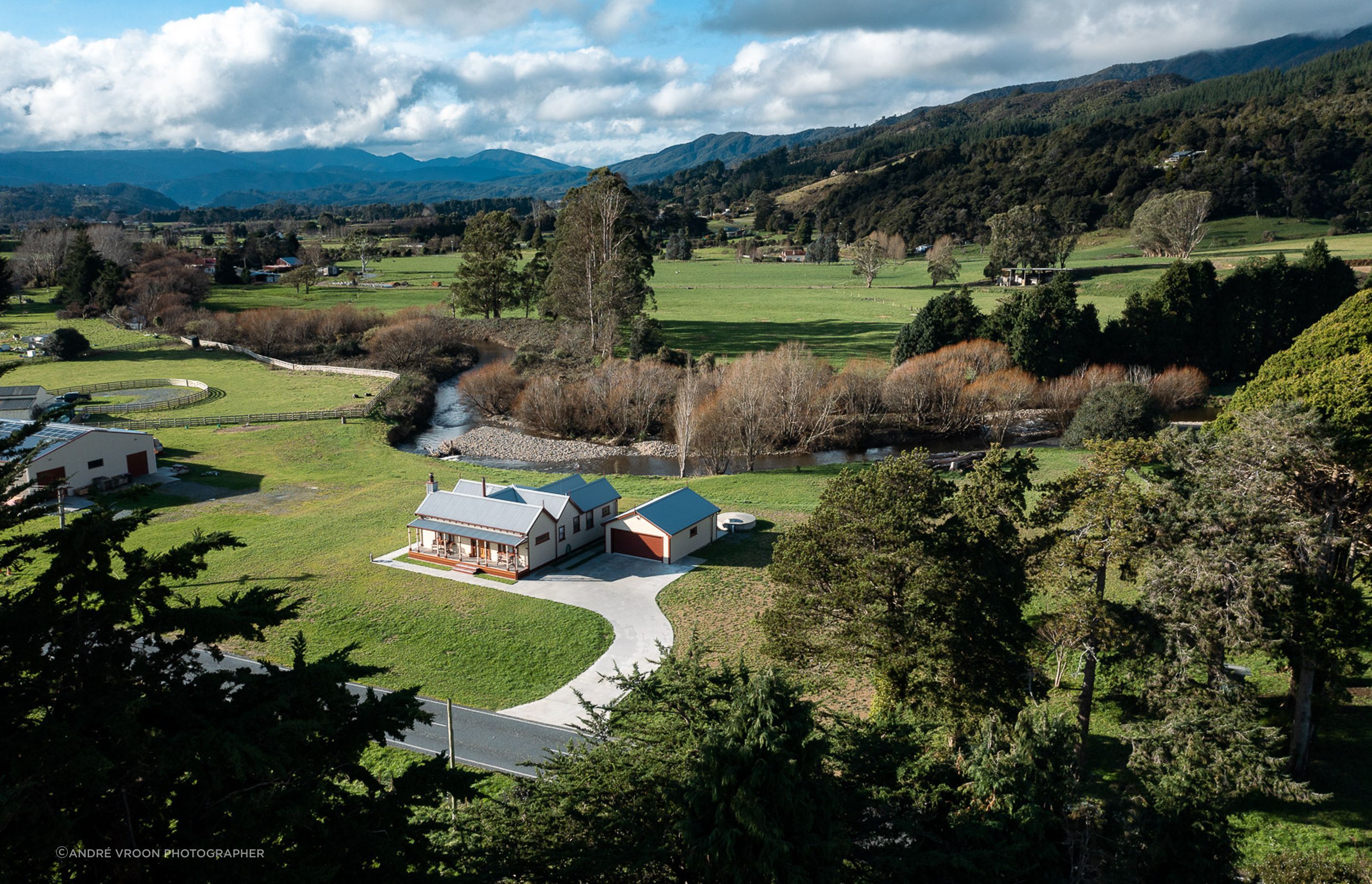 Aerial view of restored home.