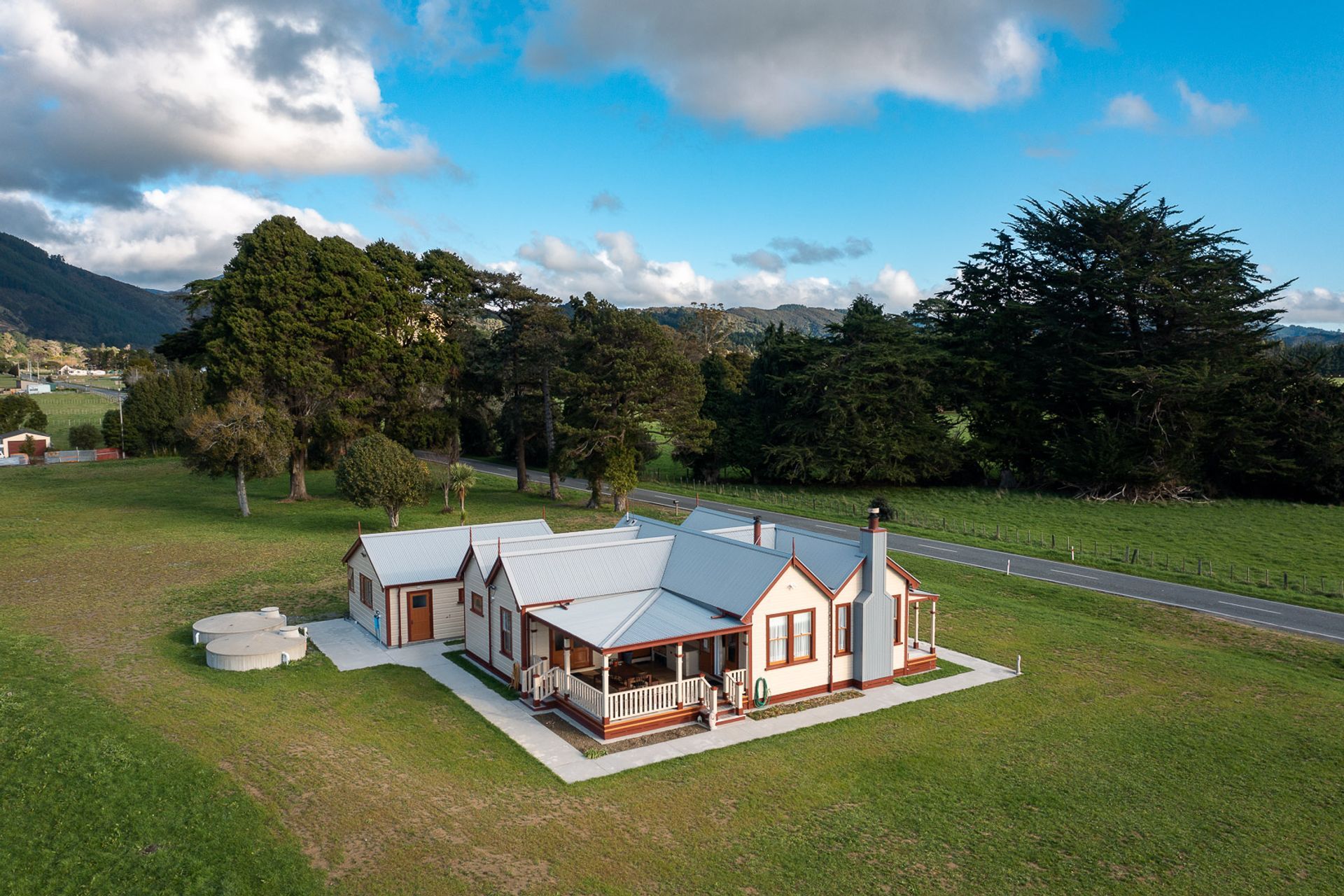 Aerial view of restored home.