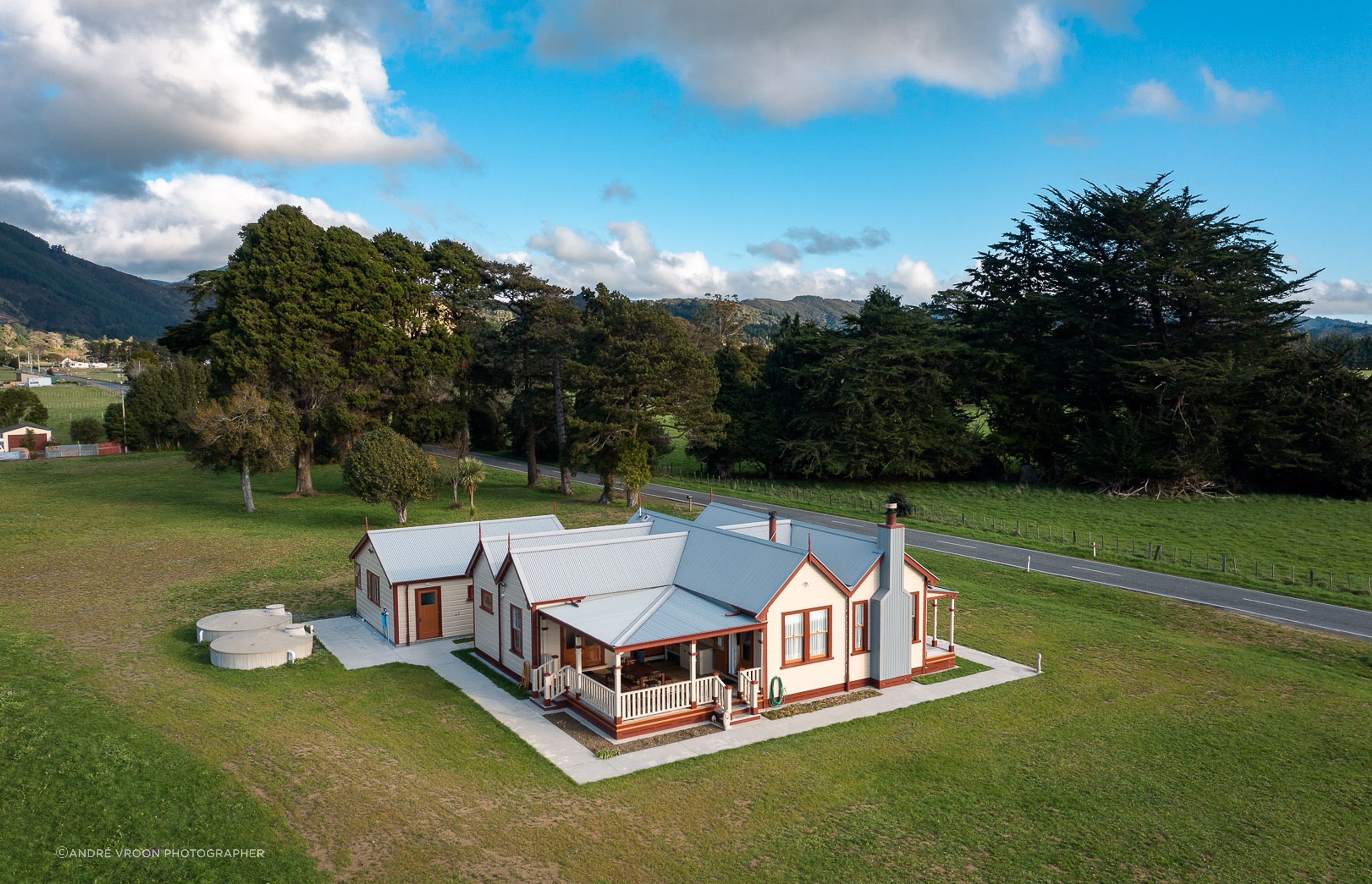 Aerial view of restored home.