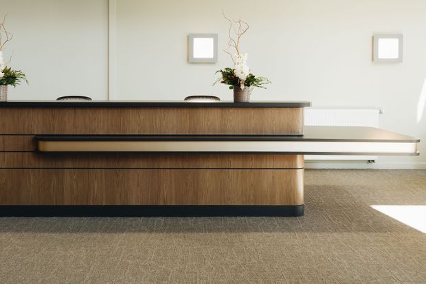 A minimalist reception desk dominates the image, featuring warm wood-grain veneer cabinetry, dark trim and plinth detailing, and a light stone or solid-surface countertop. The desk sits on a neutral taupe carpet in a softly lit, understated interior. A pale wall with simple framed square artworks, a radiator, and restrained floral arrangements creates a clean commercial reception setting.