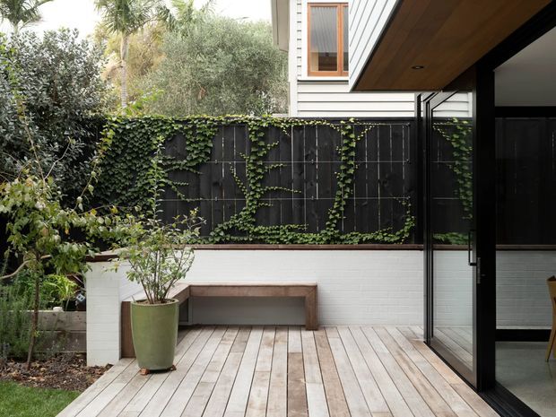 A compact landscaped courtyard deck beside a modern house, featuring pale timber decking, a built-in timber bench against a white-painted brick wall, a dark vertical-panel boundary fence covered with climbing greenery, and large black-framed glazed doors beneath a timber-lined soffit. Potted plants and mature vegetation create a private, leafy outdoor setting.