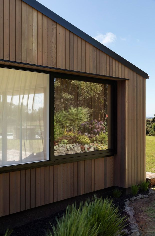 Close exterior view of a compact modern building clad in vertical timber boards, with a sharply sloping roofline, dark window and roof trims, and large glazed openings. A planted courtyard garden is visible through the central window, while lawn and low landscaping surround the structure.