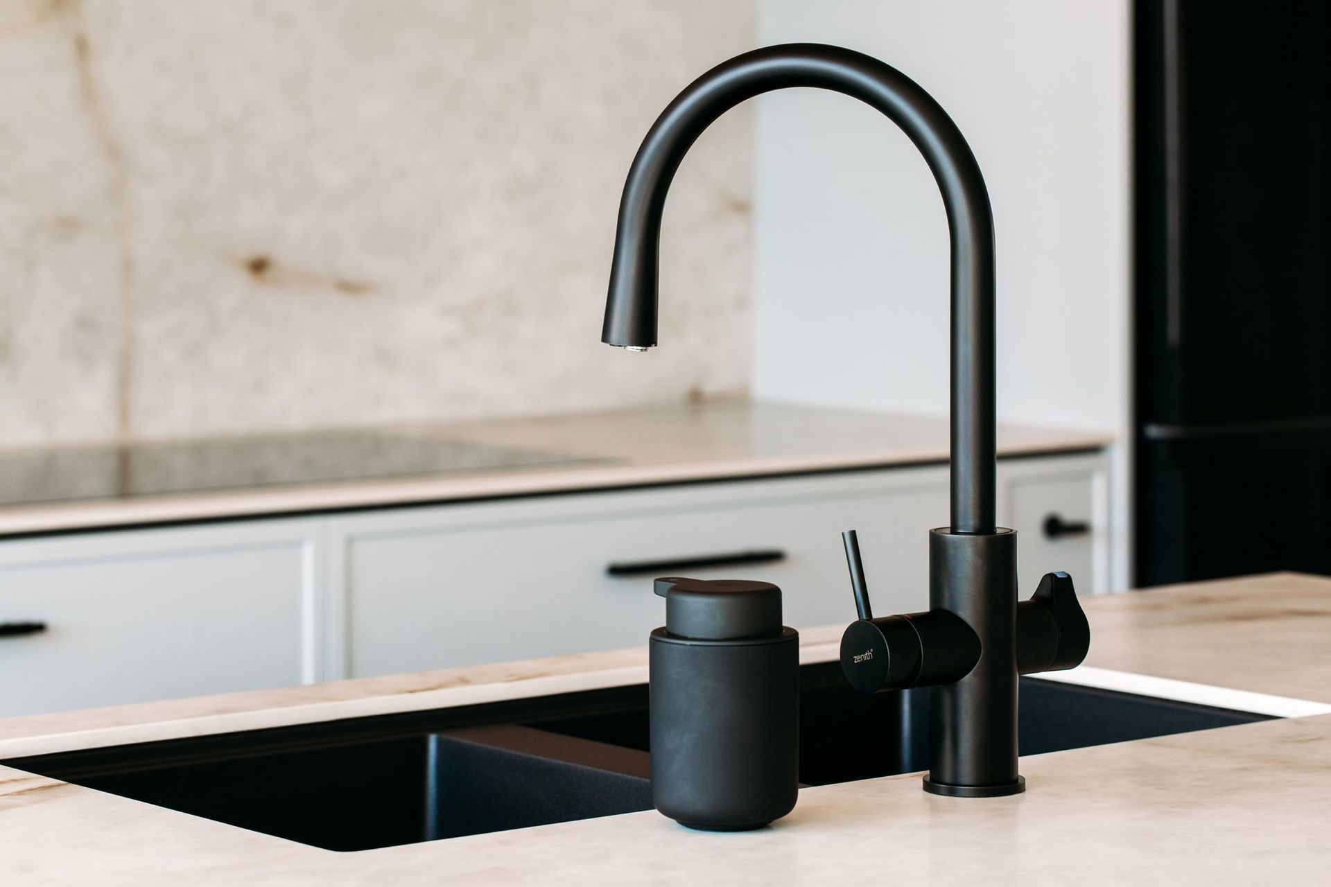 Zenith Hydrotap in black, and Mercer Duro Granite sink in matt black.