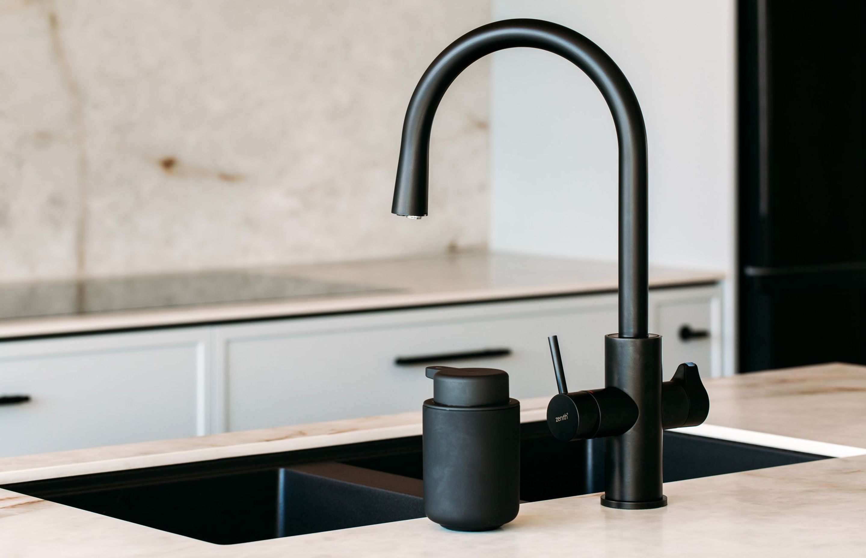 Zenith Hydrotap in black, and Mercer Duro Granite sink in matt black.