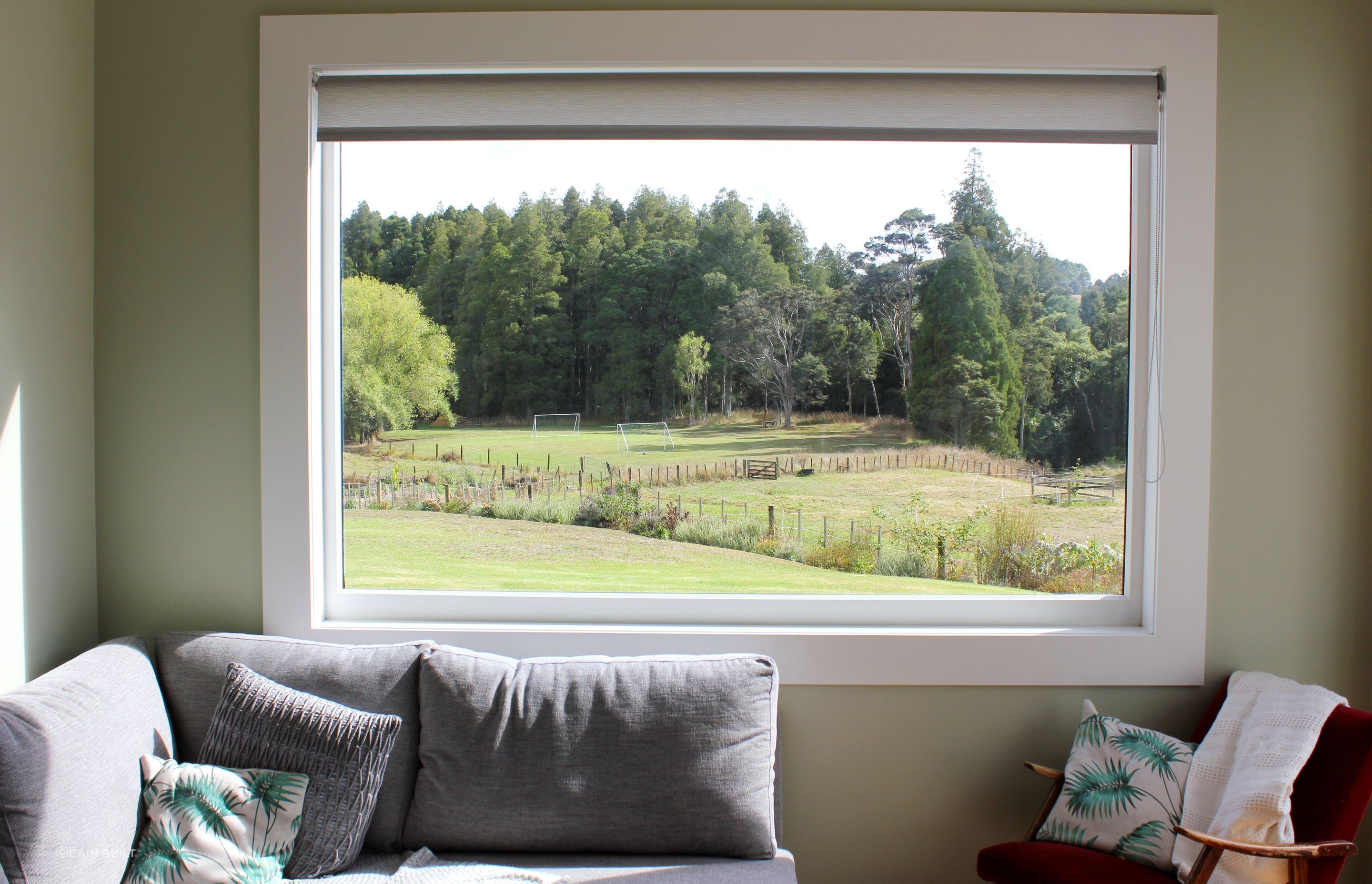Cain Built - Coatesville Bungalow renovation- Feature picture frame window looking out to bush