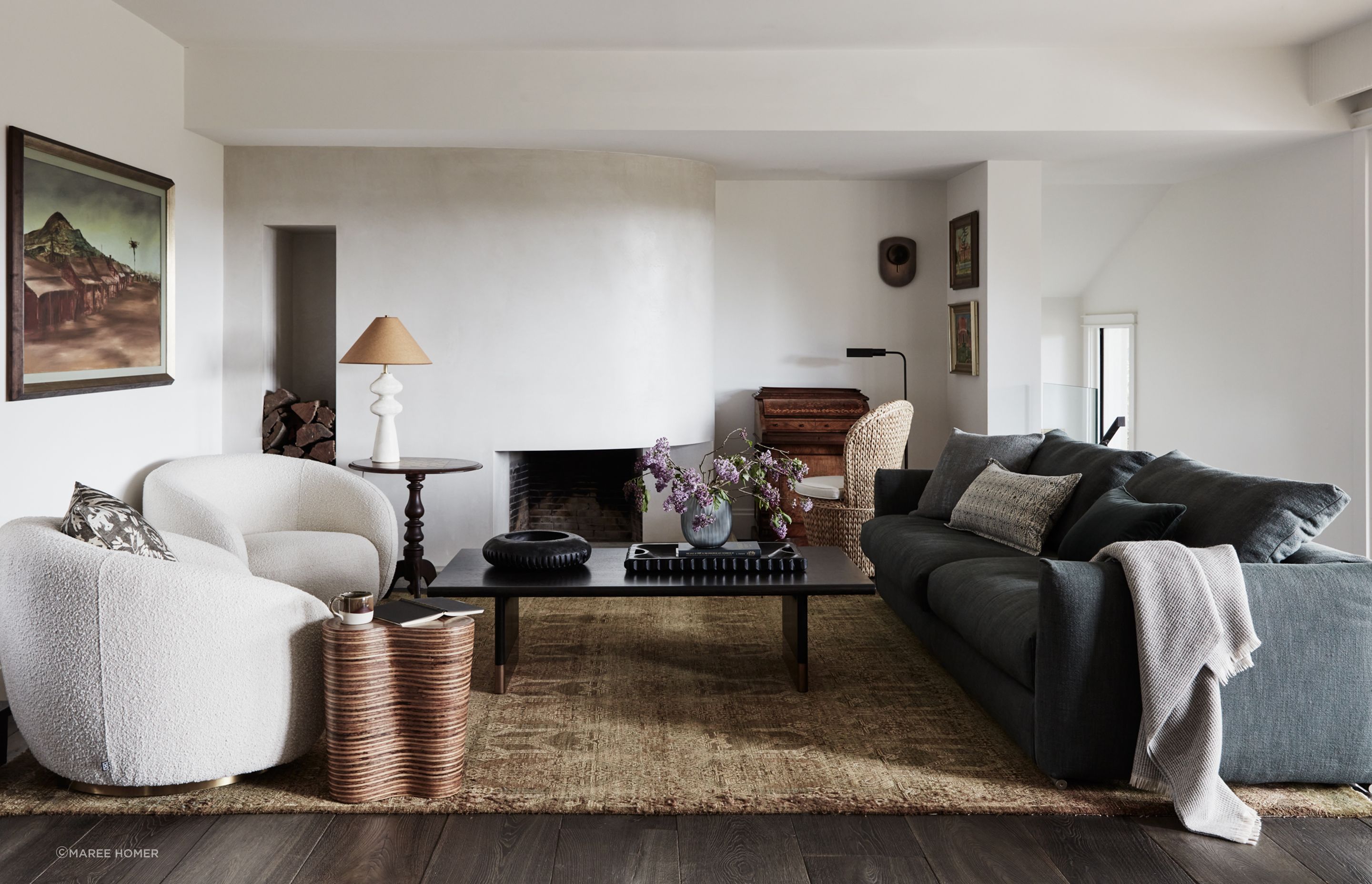 LIVING ROOM Flexform Grandemare sofa, Fanuli. Brice swivel chair, James Said. Nuria desk chair, Made Goods. Floor lamp, Bloomingdales Lighting. Arteriors ‘Lawson’ coffee table, Boyd Blue. Showtime Orgo side table, Oggetti Designs. Danny Kaplan Studio Pollux table lamp, Spartan Shop. Rug, owners’ own.