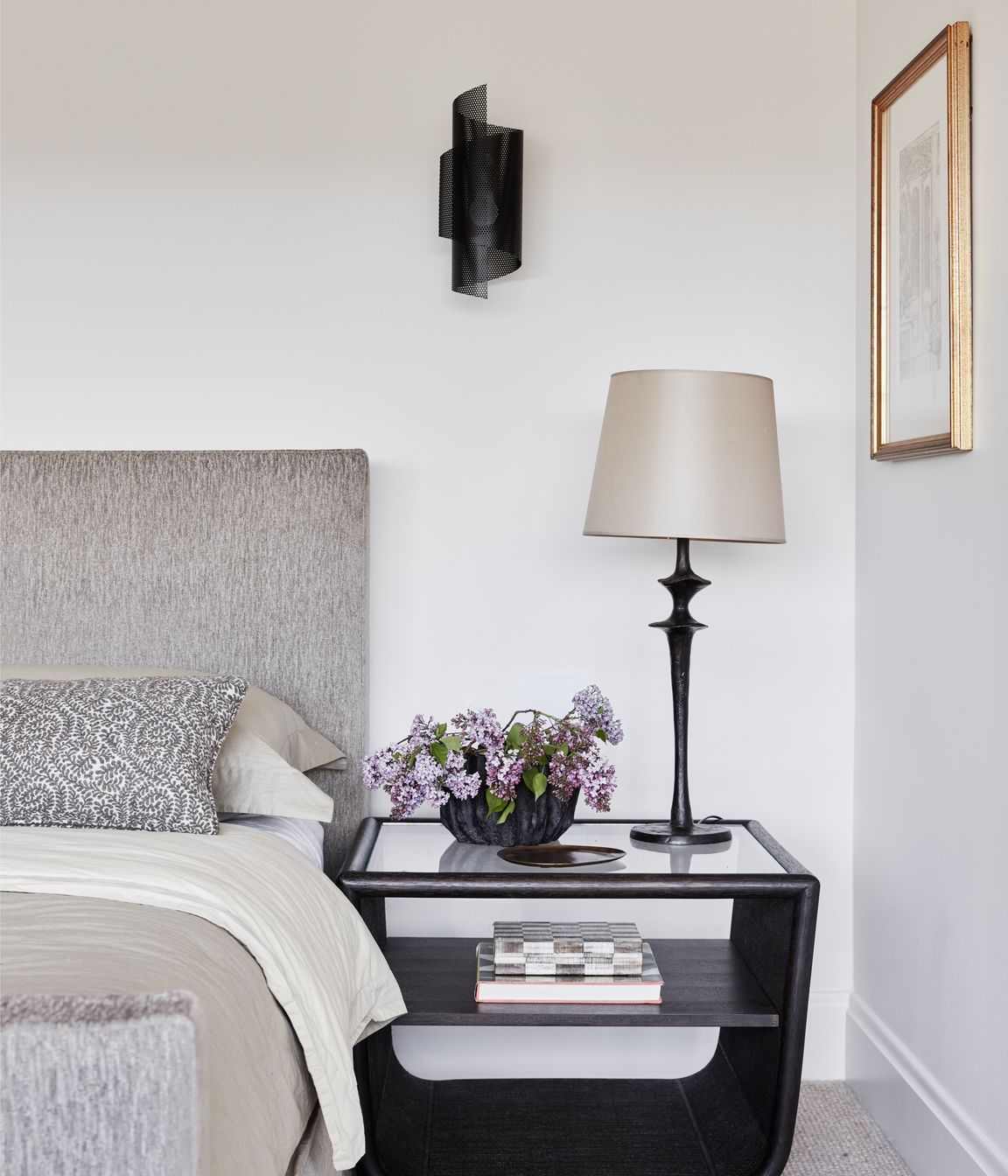 MAIN BEDROOM Spun Tulle wall sconce, Blueprint Lighting, NYC. Table lamp, Objet Insolite. McGuire Ladera side table, Studio Cavit. Custom bedhead in Suzanne Tucker ‘Geoffrey’ fabric, Tigger Hall Design. Busatti bedlinen, Kate Nixon.