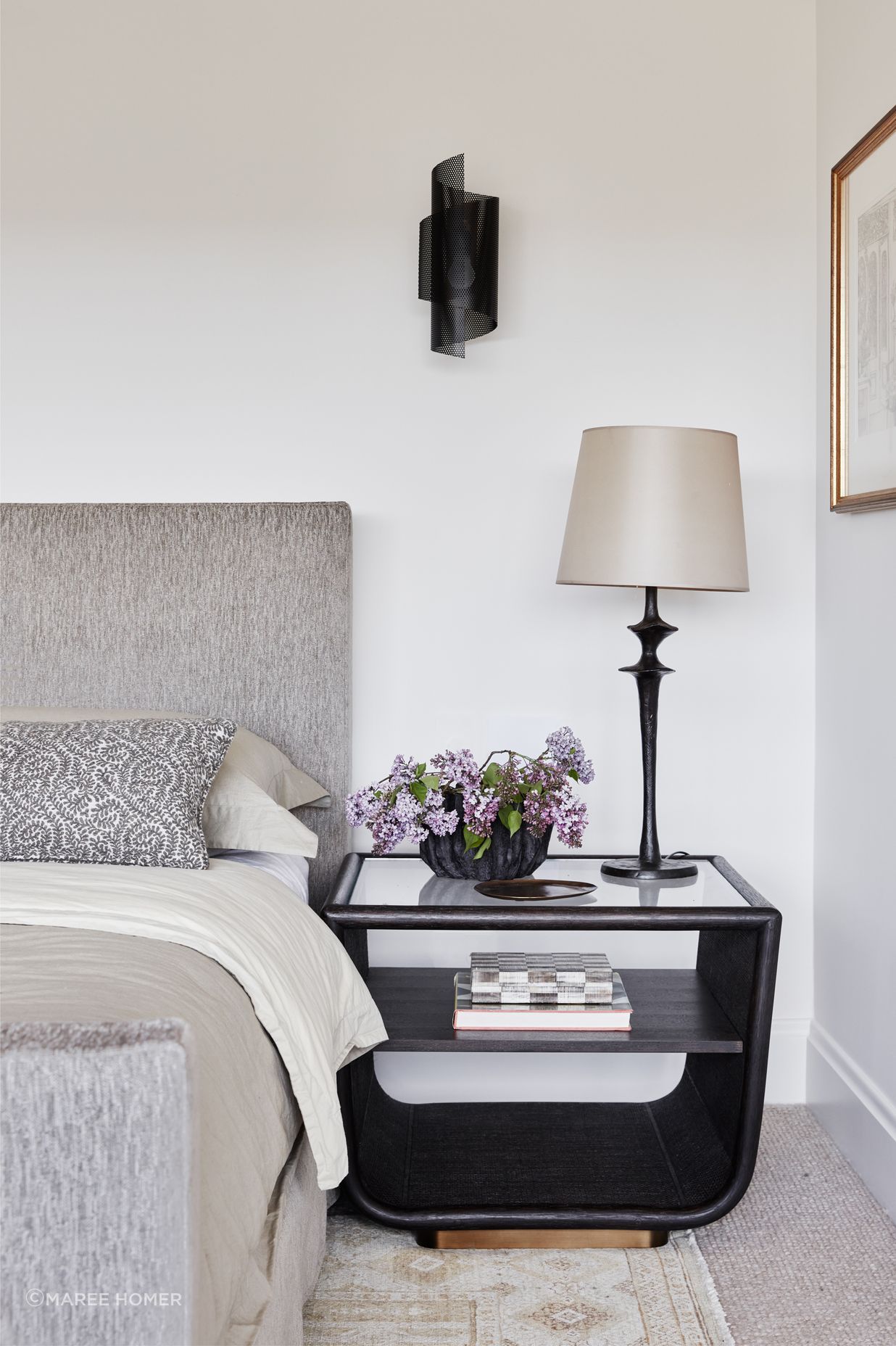 MAIN BEDROOM Spun Tulle wall sconce, Blueprint Lighting, NYC. Table lamp, Objet Insolite. McGuire Ladera side table, Studio Cavit. Custom bedhead in Suzanne Tucker ‘Geoffrey’ fabric, Tigger Hall Design. Busatti bedlinen, Kate Nixon.