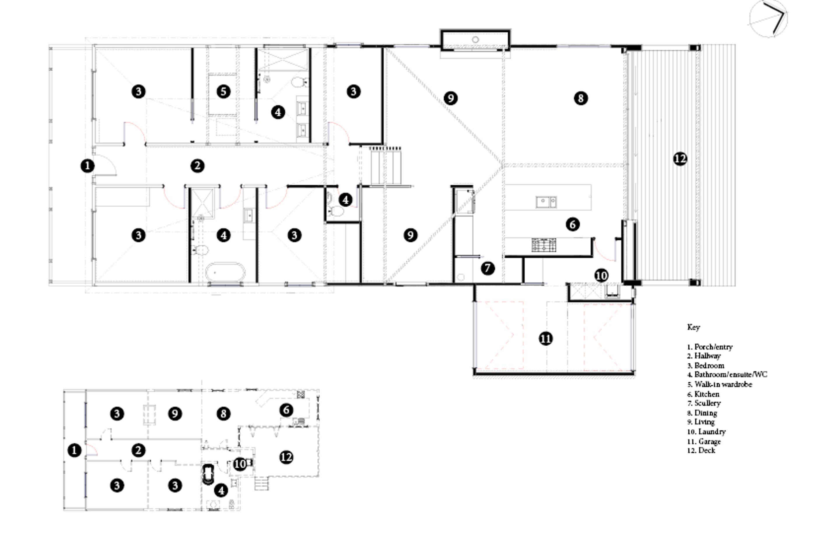 Floor plan showing the original layout (bottom left) and the post-renovation layout.