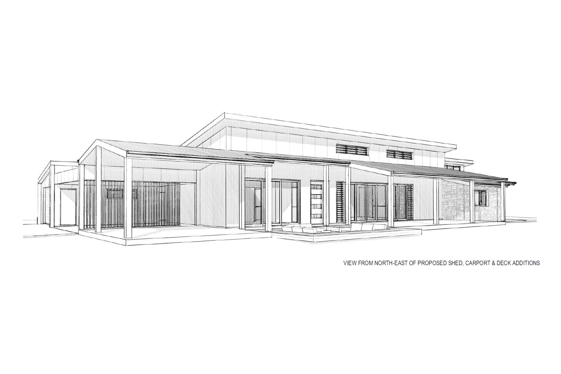3D Sketch Perspective - Proposed carport and garage additions on far left
