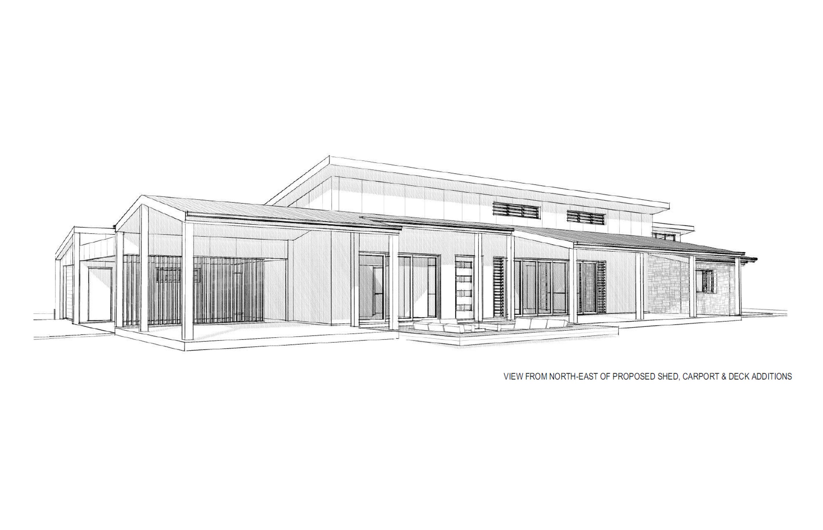 3D Sketch Perspective - Proposed carport and garage additions on far left
