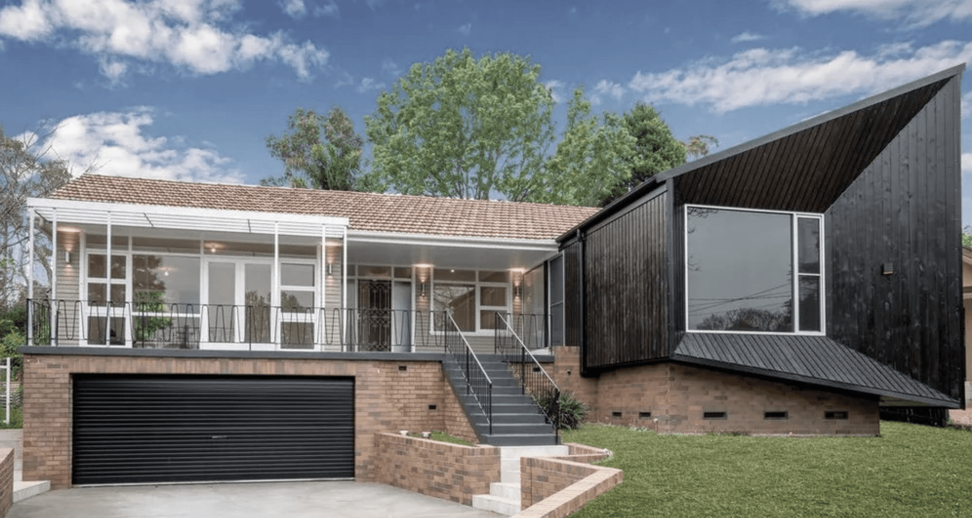 Original Mid Century Home with extensive internal planning changes. Bedroom wing to the west (right), and living to the east (left). Garage is now a useful space and double width; new front room has a peak to make the existing roof ridge; much needed shading to the north facing lounge and balcony