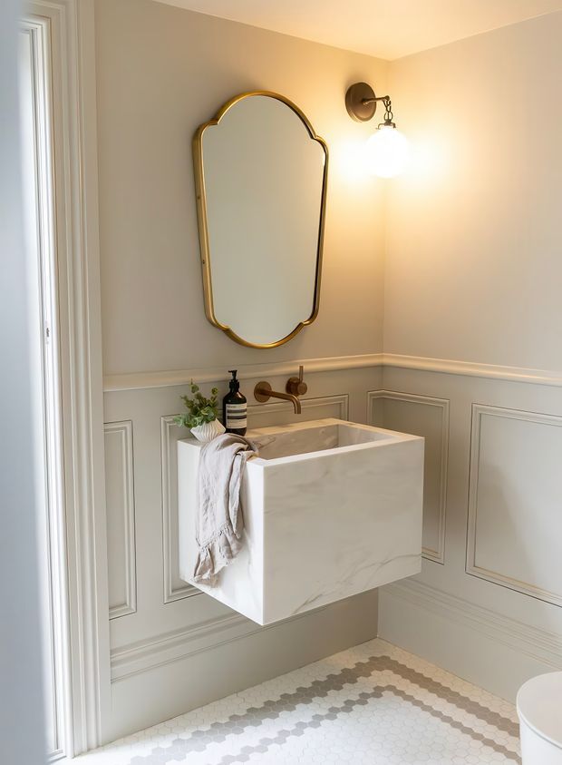 A refined powder room with a wall-mounted white marble or stone basin, aged brass wall-mounted tapware, and a matching brass-framed arched mirror. The walls feature soft grey-beige paint above decorative panelled wainscoting, while the floor is finished with a patterned small-format hexagonal tile border. A warm globe wall sconce adds an inviting glow, and white architectural trim frames the doorway and wall details.