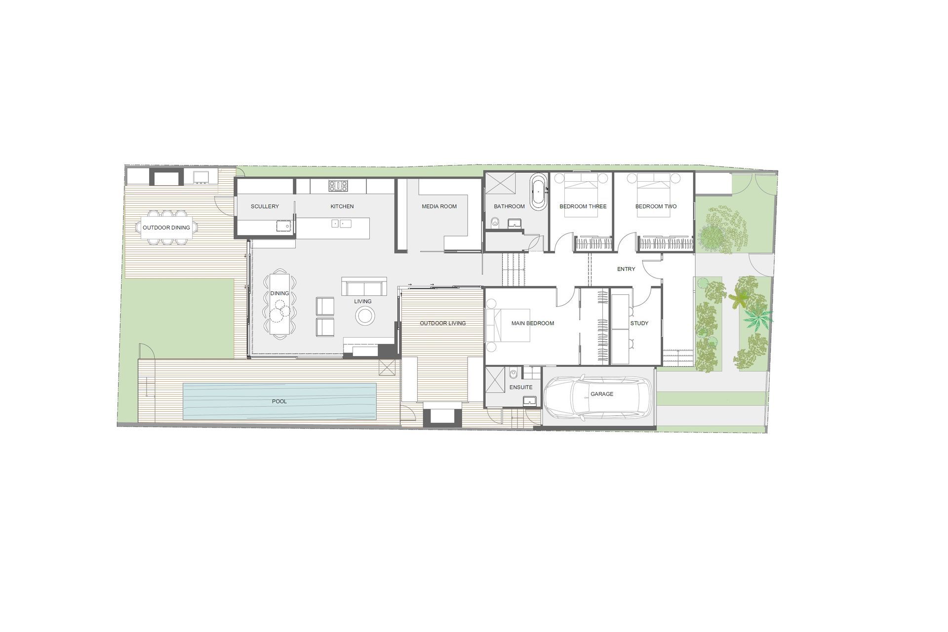 Architectural floor plan by Rogan Nash Architects illustrating the thoughtful planning of The Stage and The Cave, a heritage villa renovation in Ponsonby. The plan shows the relationship between the original character spaces and the carefully considered additions, creating a contemporary family home with flexible living areas, private accommodation and strong connections to the garden.
