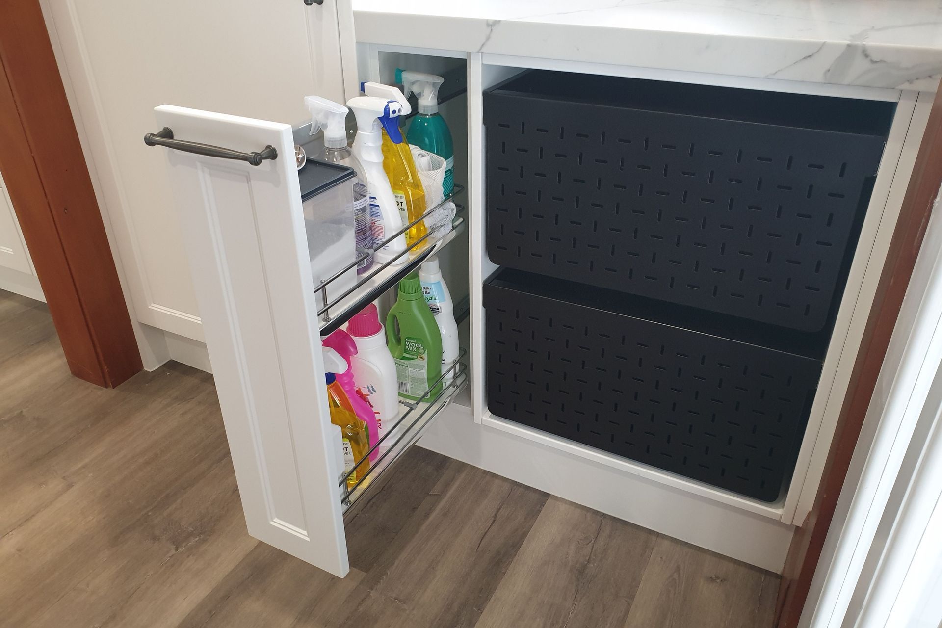 Giamo Soft Close Side Mounted Pull Out - Designed for the Kitchen - Employed to Great Effect Here for Cleaner Storage - for 150mm, 200mm and 300 mm Cabinets.